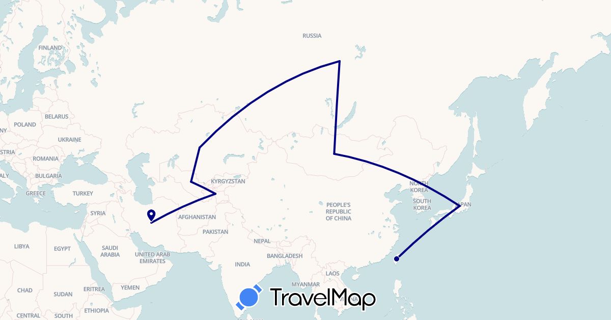 TravelMap itinerary: driving in Iran, Japan, Kazakhstan, Mongolia, Russia, Tajikistan, Taiwan, Uzbekistan (Asia, Europe)